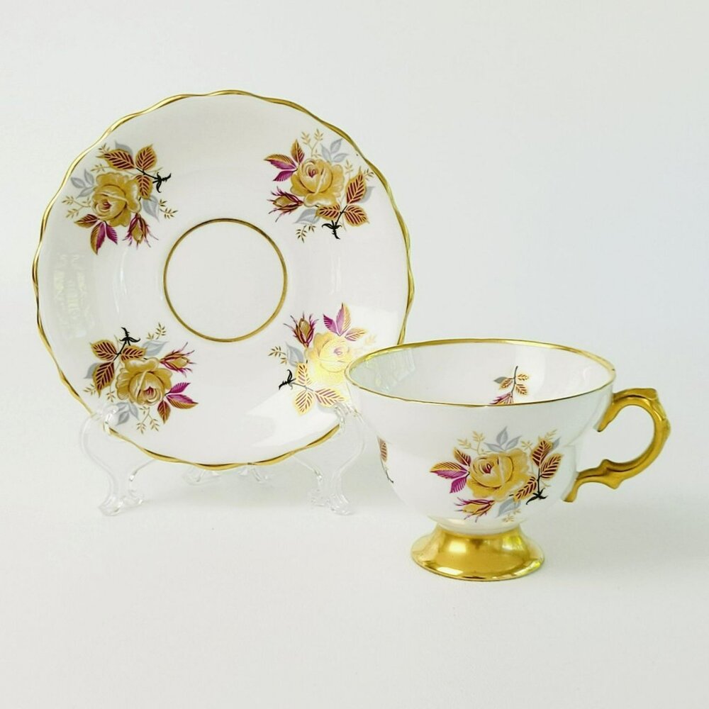Vintage Rosina Bone China Teacup & Saucer, Heavy Gold Glam Floral 1960s England